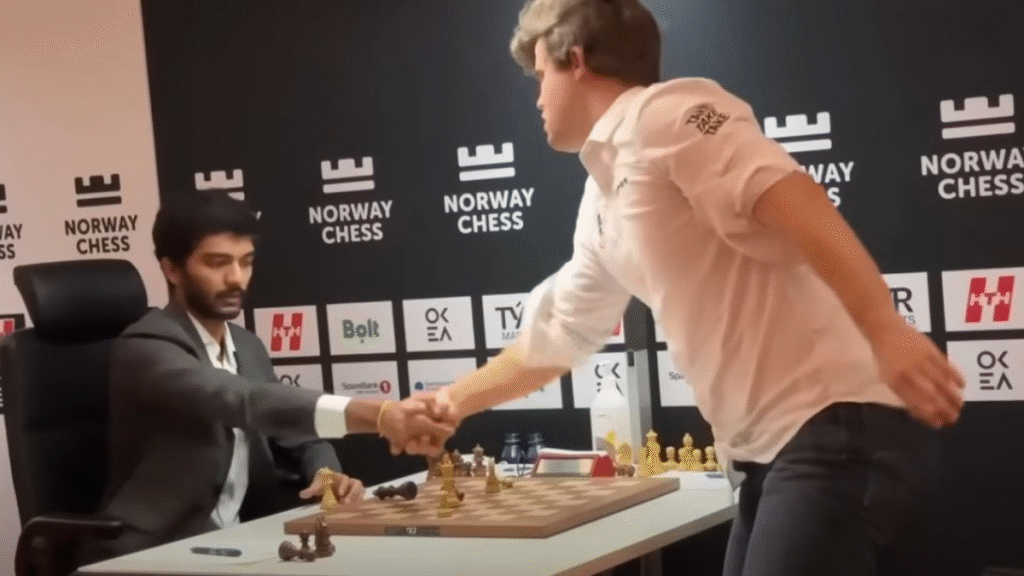 Magnus Carlsen slamming table after Gukesh win at Norway Chess